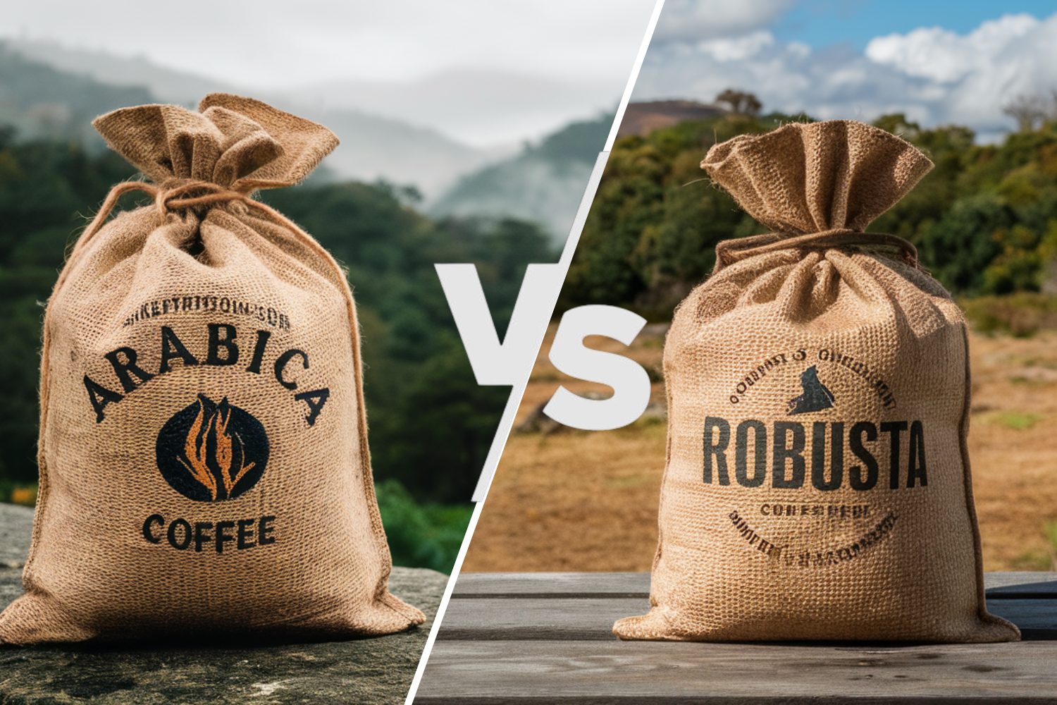 Arabica- und Robustabohnen in Burlap-Säcken – Unterschiede der Kaffeesorten