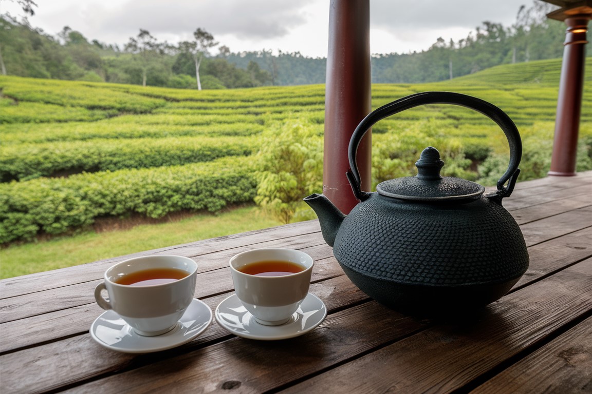 Teekanne mit zwei Tassen, Tee-Anbau-Feld in Sri Lanka im Hintergrund