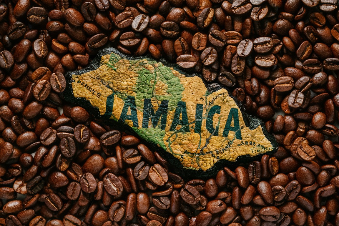 Karte der Insel Jamaika umgeben von Kaffeebohnen – Jamaika als bedeutendes Kaffeeanbaugebiet