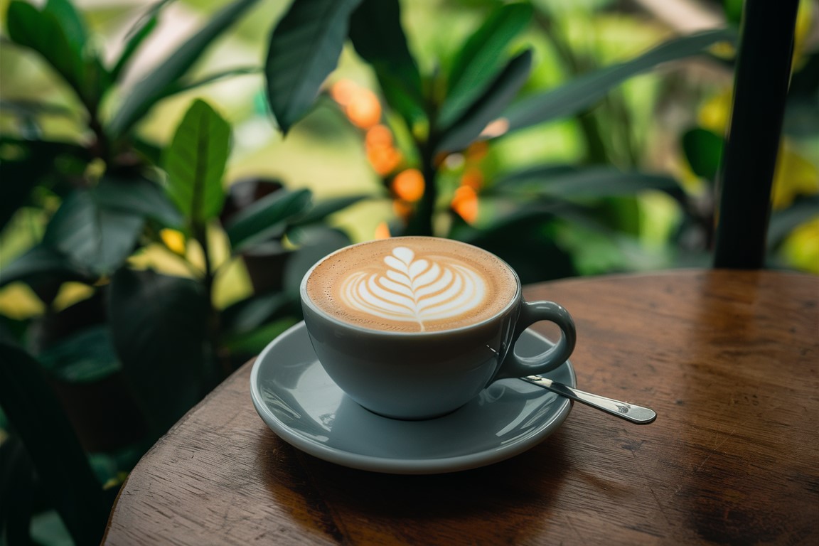 Tasse Kaffee auf einem Holztisch – Frisch gebrühter Kaffee bei Geschmacksland