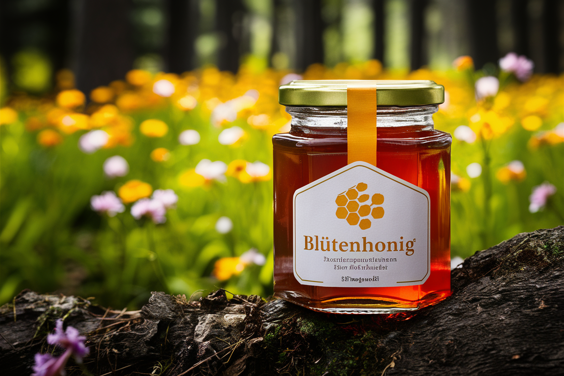Blütenhonig im Glas mit einem bunten Blumenfeld im Hintergrund