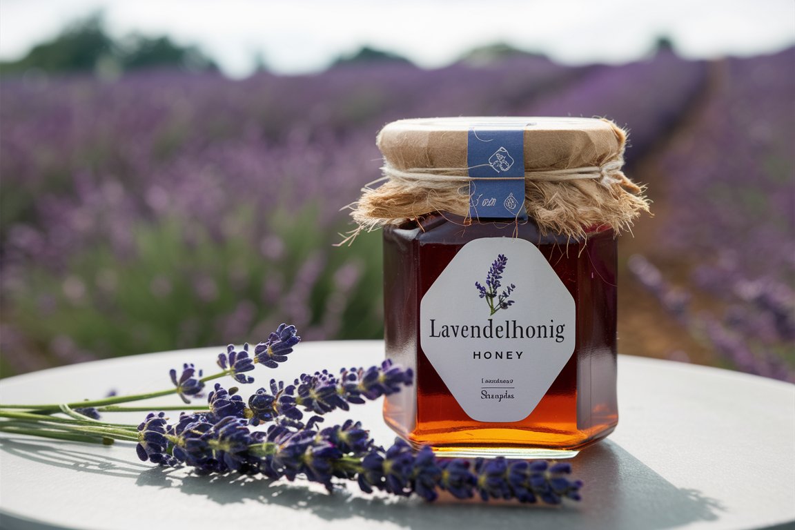Lavendelhonig im Glas mit einem blühenden Lavendelfeld im Hintergrund