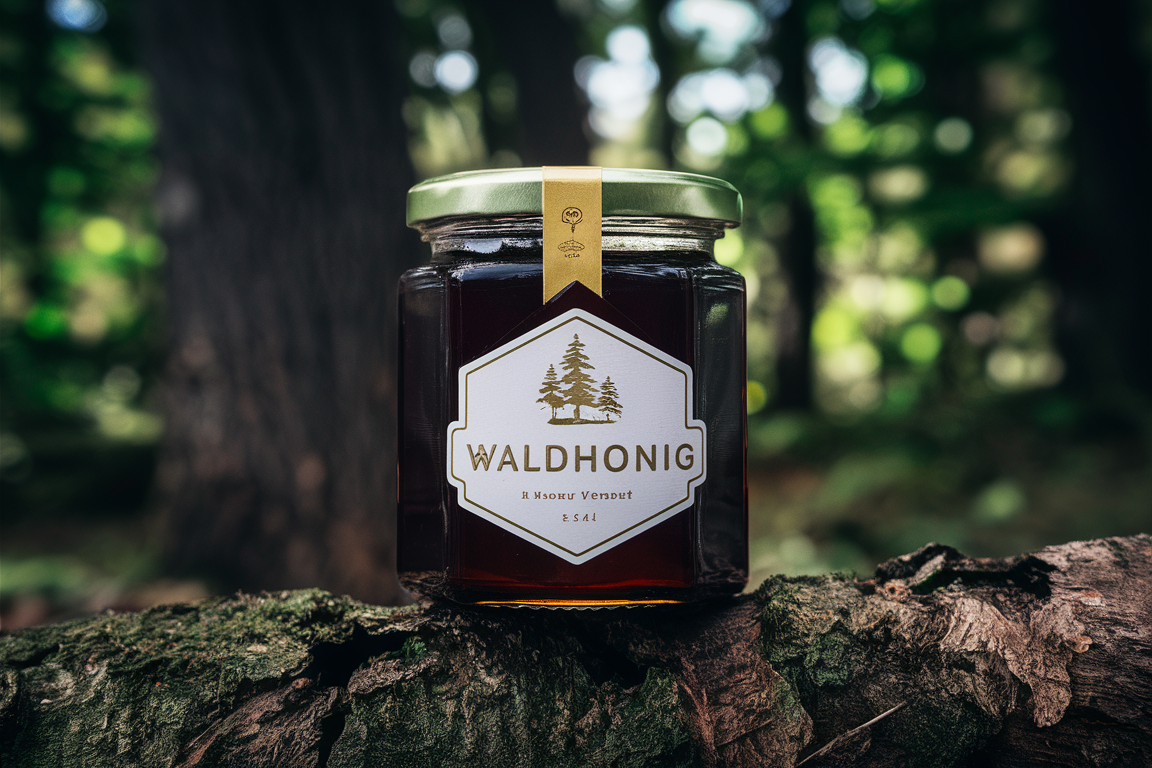 Waldhonig im Glas mit einem dichten Wald im Hintergrund, reich an Aromen