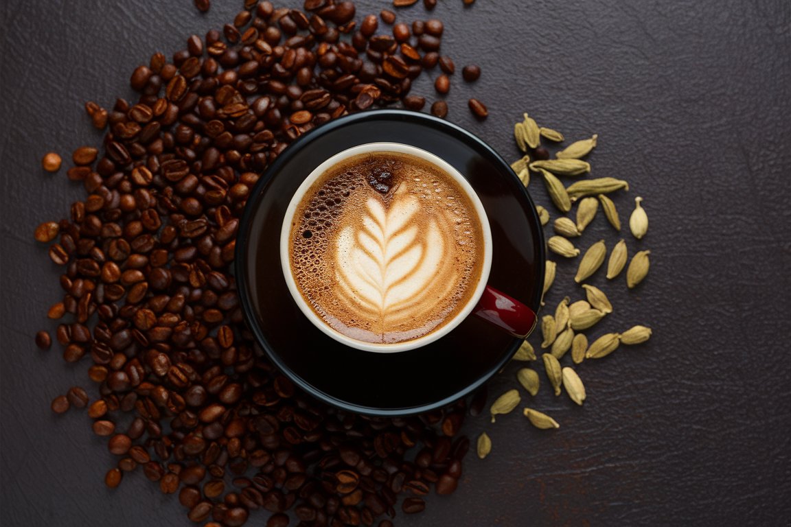 Aromatischer Kaffee mit Kardamom gewürzt, umgeben von Kaffeebohnen und Kardamomkapseln – exotischer Kaffeegenuss.