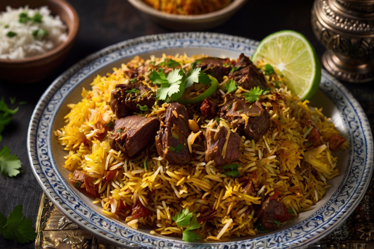 Rindfleisch Biryani, gewürzt mit Gewürzmischungen wie Kurkuma, Zimt und Kardamom