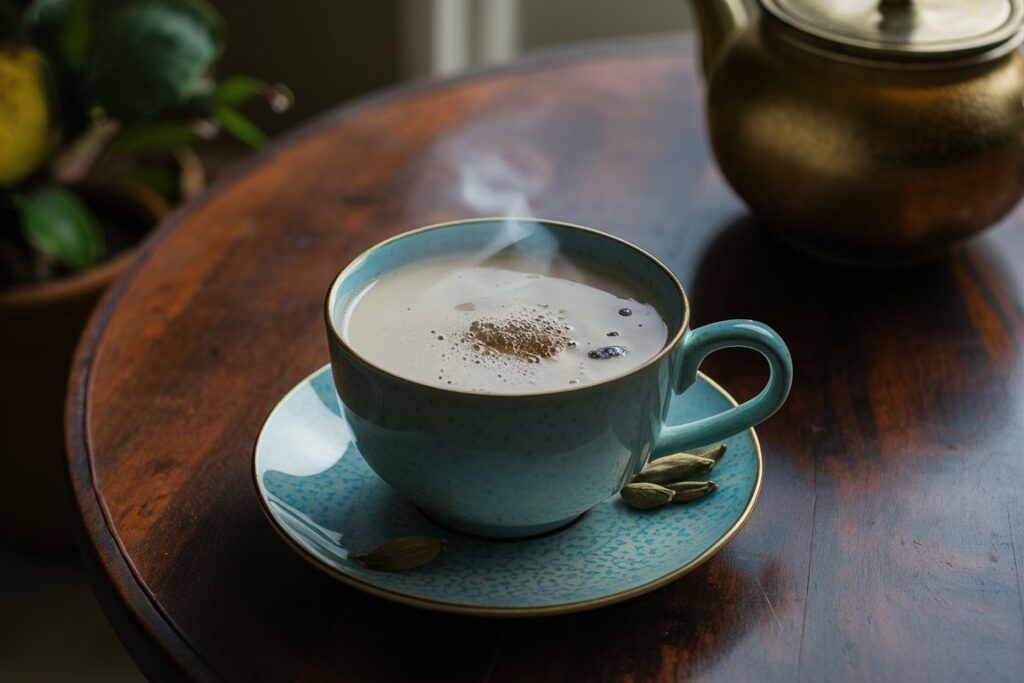 Traditioneller indischer Chai mit Milch, verfeinert mit Kardamom, und frische Kardamomkapseln neben der Tasse.
