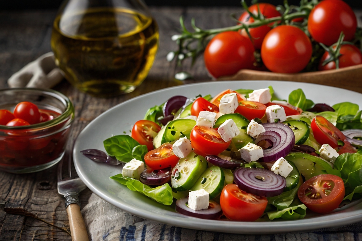 Griechischer Salat, gewürzt mit mediterranen Gewürzen wie Oregano und Pfeffer