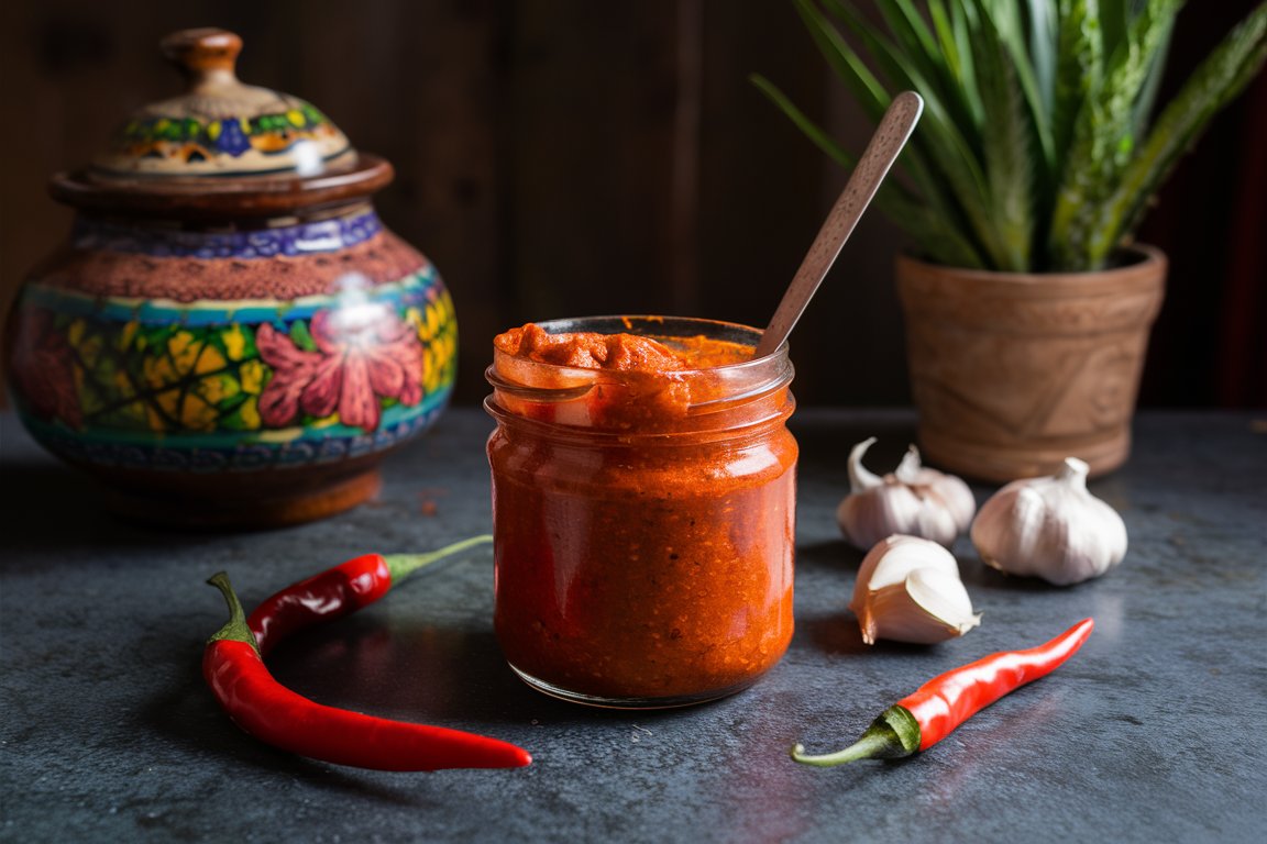 Harissa-Paste in Glasgefäß, umgeben von Chilis und Knoblauch, würzige nordafrikanische Gewürzmischung