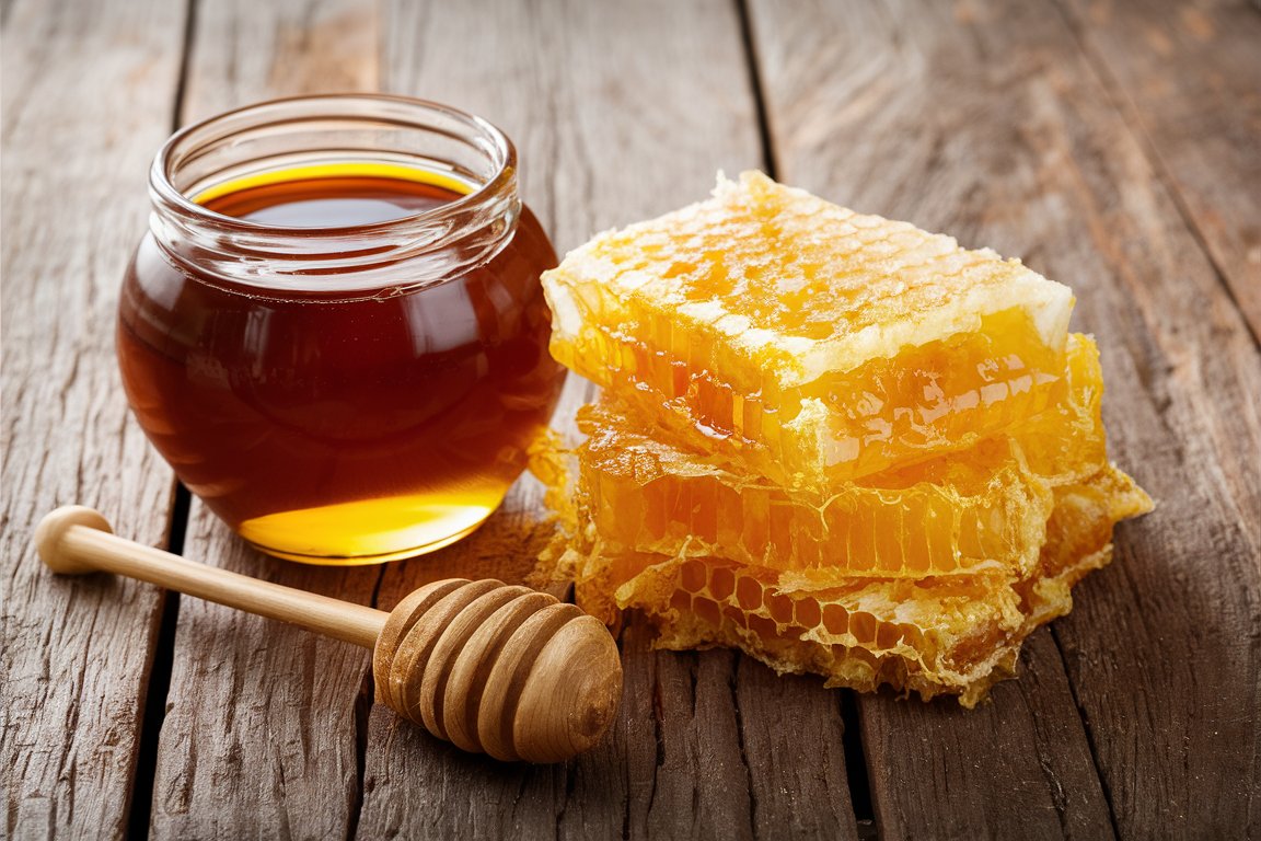 Glas Honig mit Honigwaben, naturbelassen und frisch geerntet