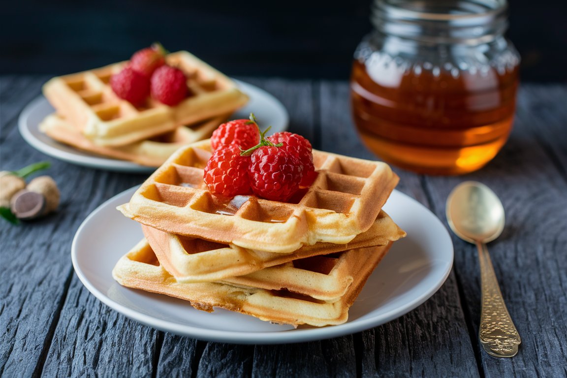 Honig Waffeln mit frischen Himbeeren, eine süße Delikatesse
