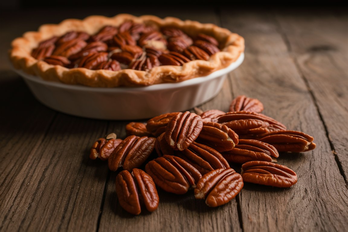Frische Pekannüsse mit Pekannusskuchen im Hintergrund, ideal für süße Gerichte