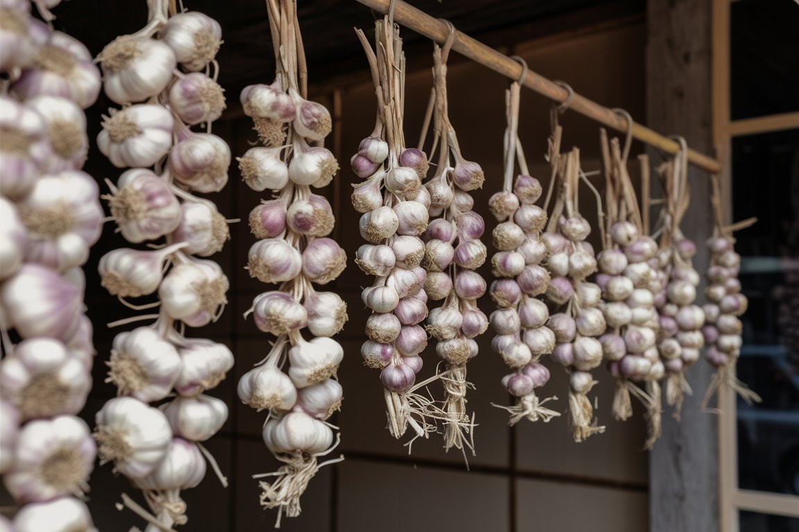 Aufgehängter Knoblauch, frisch und bereit für Gewürzmischungen und Gerichte