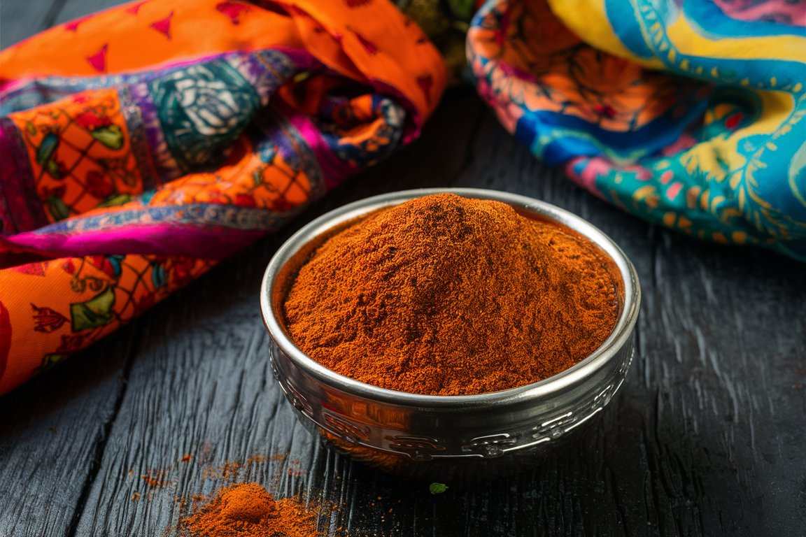Tandoori Masala in silbernem Gefäß, indischer Stoff im Hintergrund, typisch für die indische Küche