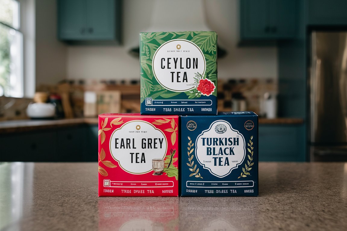 Teepackungen von Schwarzem Tee, einschließlich Ceylon Tee, Earl Grey Tee und Türkischem Schwarztee.