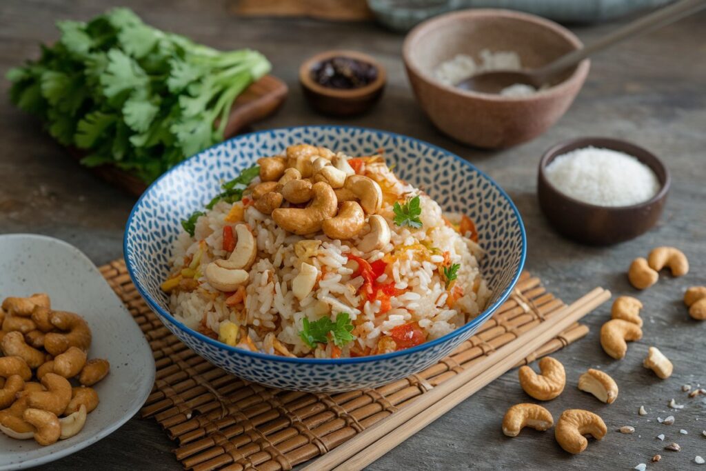 Asiatisches Reisgericht mit buntem Gemüse und gerösteten Cashewnüssen – exotisch und knackig.