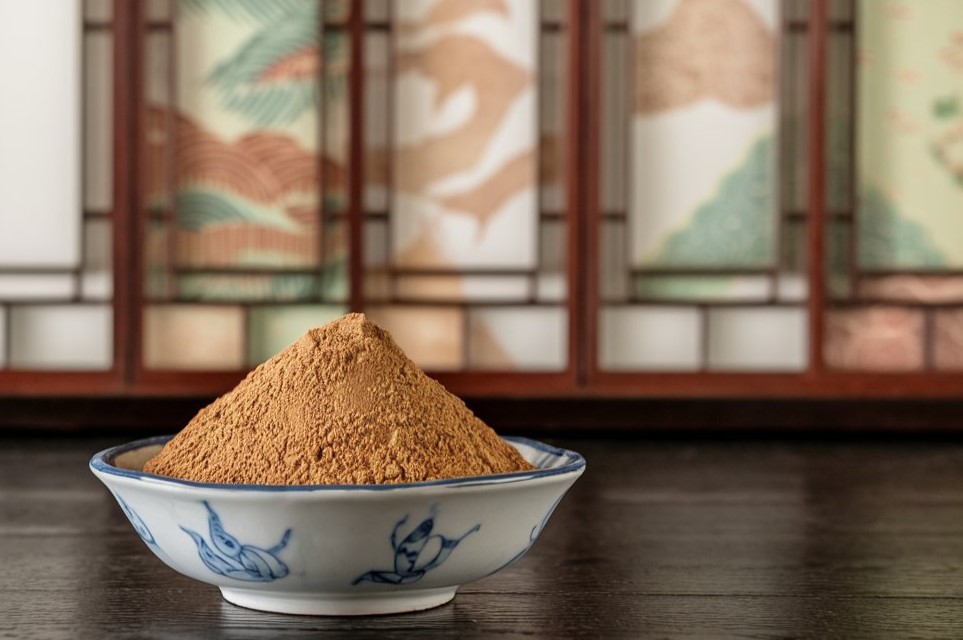 Chinesische Schüssel mit Fünf-Gewürz-Pulver vor traditionellem chinesischem Hintergrund.