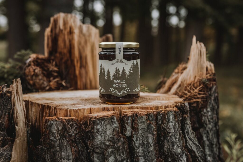 Ein Glas Waldhonig auf einem Baumstrunk platziert, umgeben von einem dichten Wald im Hintergrund. Ideal, um den natürlichen Ursprung des Waldhonigs darzustellen.
