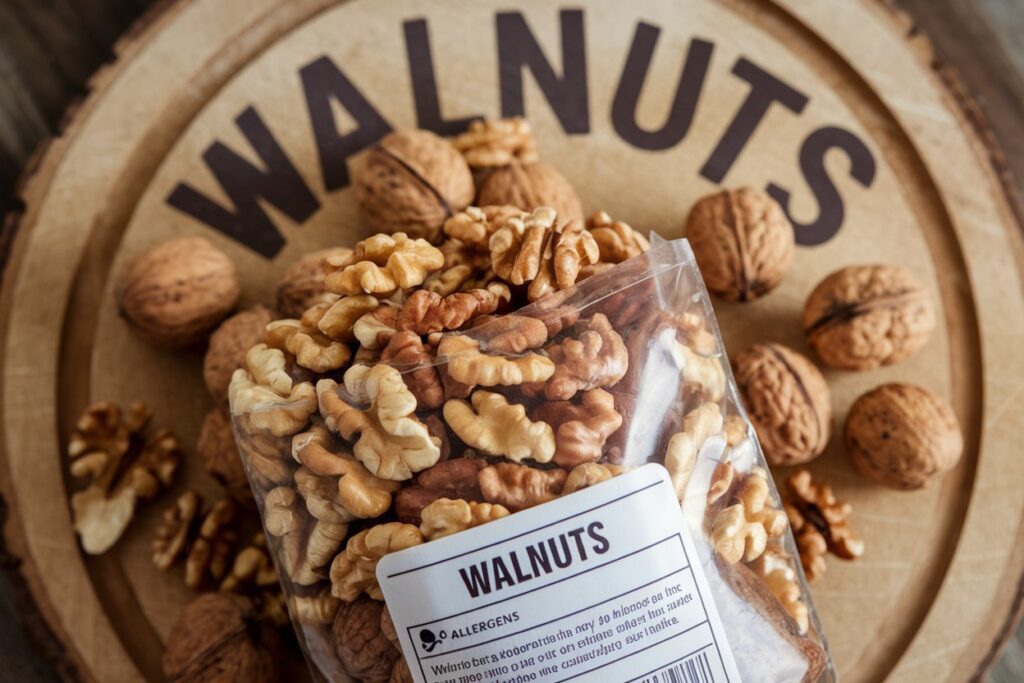 ransparente Packung Walnüsse auf einem Holzbrett – ideal zum Snacken oder Kochen.