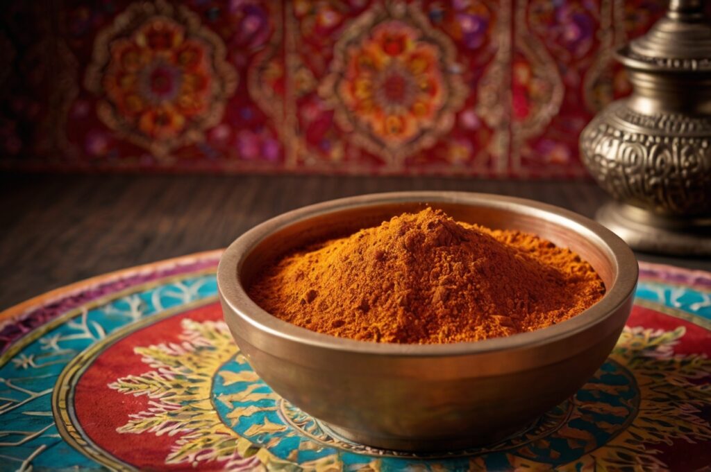 Holzschüssel mit Tandoori Masala Gewürz vor einem indischen Hintergrund.
