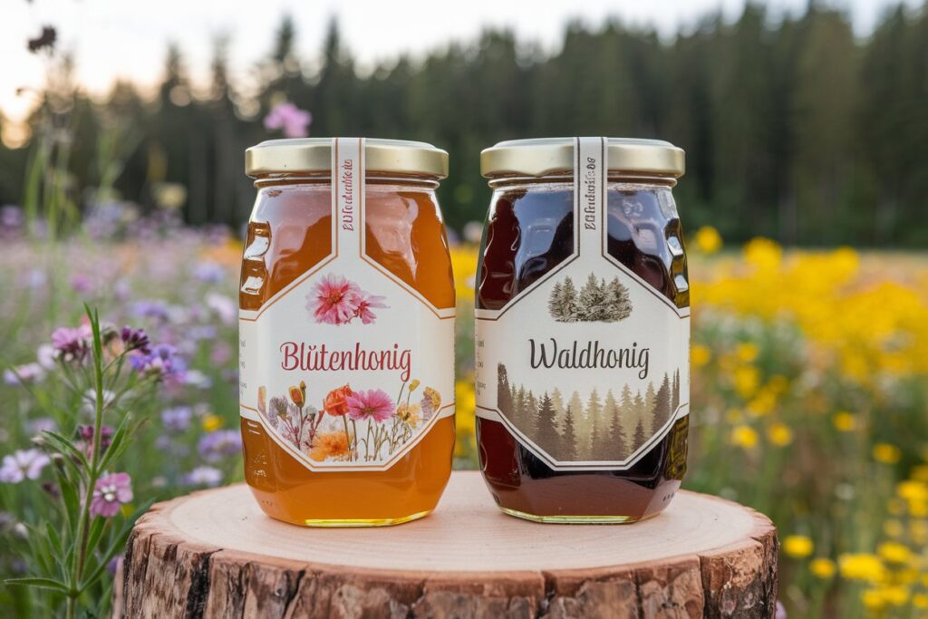 Blütenhonig und Waldhonig nebeneinander auf einem Baumstrunk, mit einer Blumenwiese und einem dichten Wald im Hintergrund. Der Unterschied zwischen Blüten- und Waldhonig wird visuell hervorgehoben.