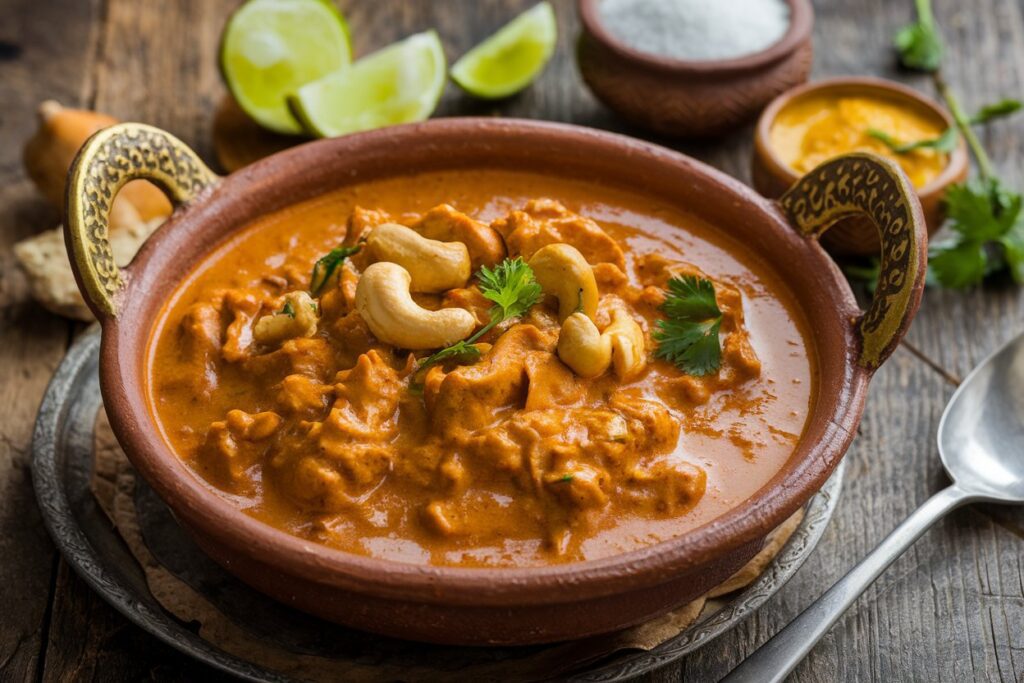 Schüssel mit würzigem indischem Curry, kombiniert mit zartem Fleisch und Cashewnüssen – herzhafte und proteinreiche Mahlzeit.