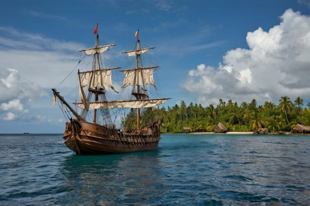 Entdeckungsschiff im Meer mit Palmeninsel im Hintergrund