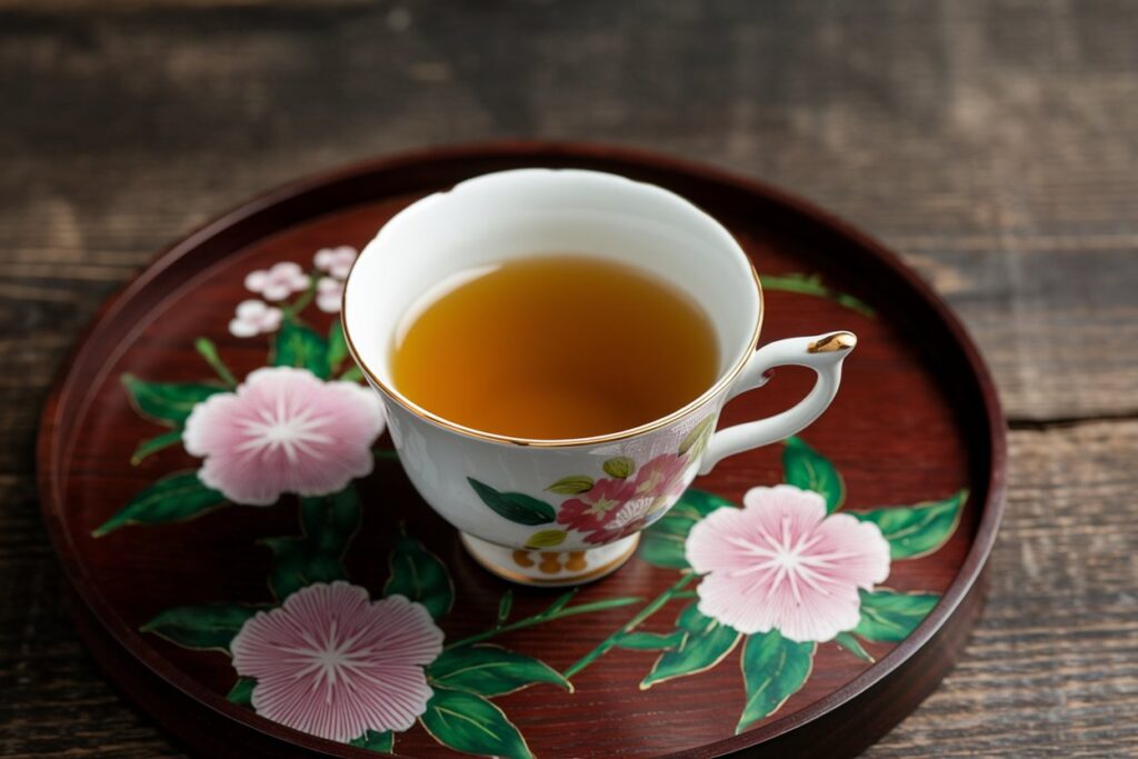 Japanische Teetasse mit traditionellen Mustern auf einem Serviertablett, präsentiert auf einer hölzernen Unterlage – ideal für verschiedene Teesorten.