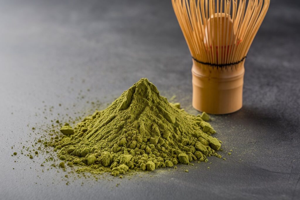 Grünes Matcha-Pulver auf schwarzer Oberfläche mit Matcha-Besen im Hintergrund.