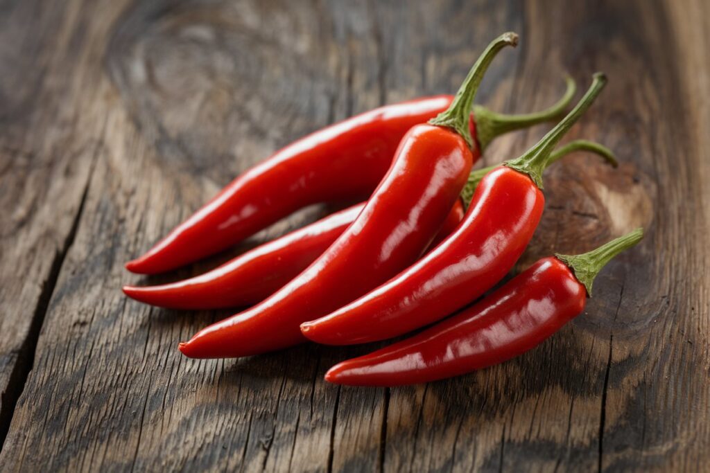 Rote Chilis auf einer hölzernen Oberfläche