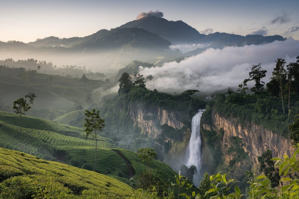 Atemberaubende Ceylon Teeplantagen im nebligen Hochland von Sri Lanka mit einem Wasserfall und steilen Hängen.