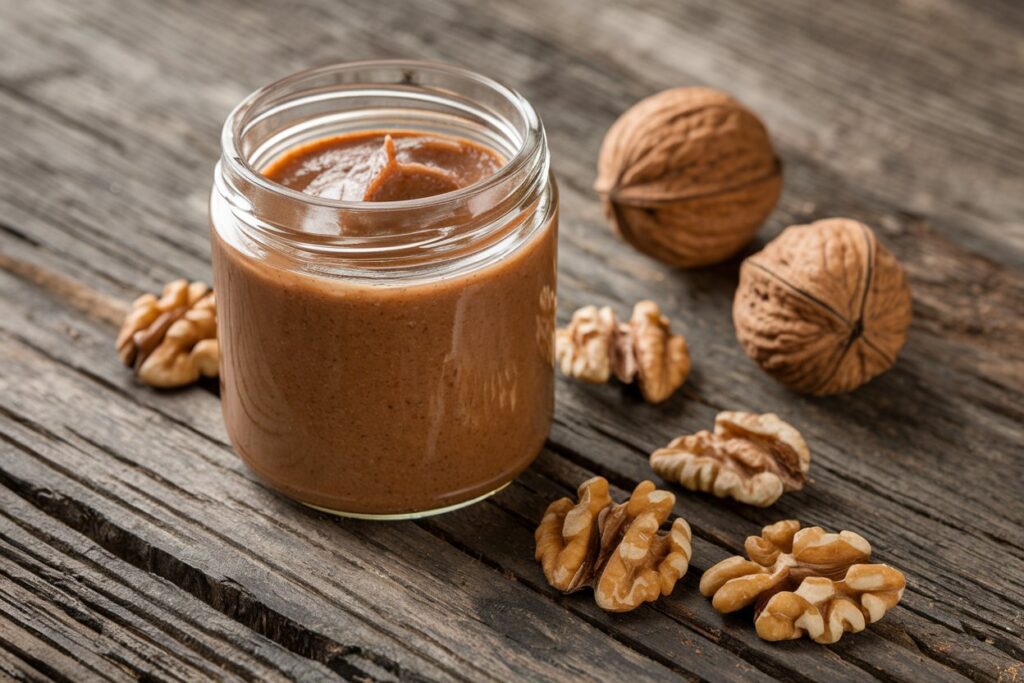 Ein Glas mit cremiger, selbstgemachter Walnussbutter.