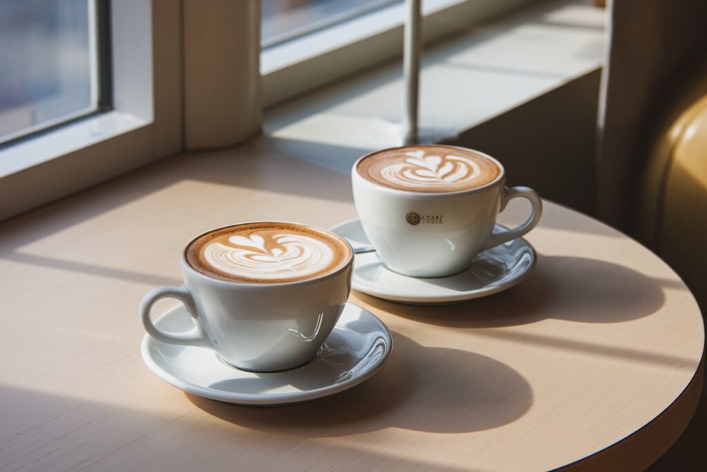 Zwei Tassen Cappuccino auf einem Holztisch mit Milchschaum