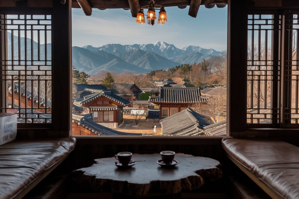 Traditioneller Holztisch in einem Kaffee in Südkorea mit Blick auf ein traditionelles Dorf in den Bergen, das den Kaffee-Trend in Asien unterstreicht.