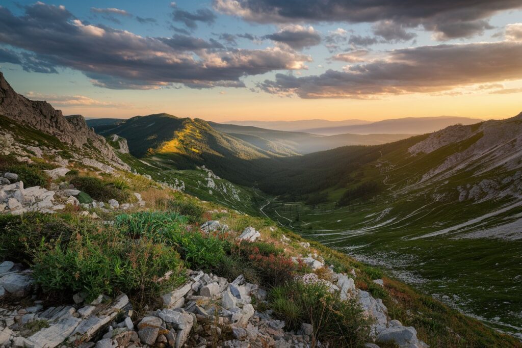 Bulgarische Berglandschaft, in der bulgarischer Bergtee wächst, mit üppiger Natur und majestätischen Bergen.