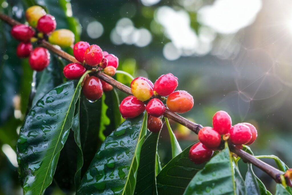 Ein Ast mit Kaffeekirschen, die nach einem Regen feucht glänzen, umgeben von grünen Blättern.