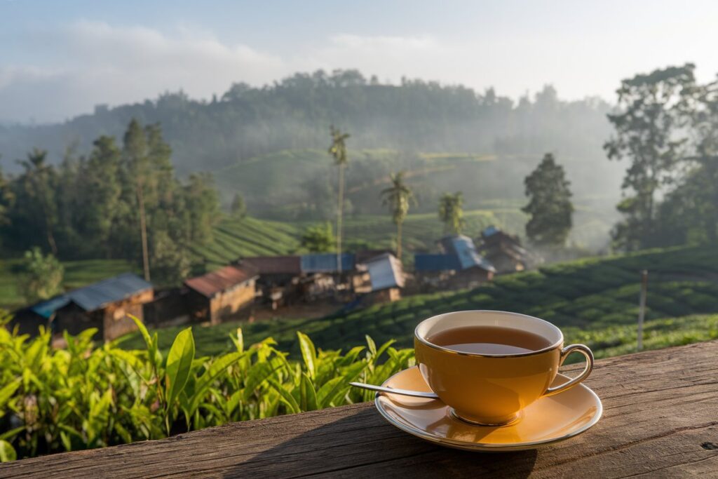 Ceylon Schwarztee in einer Teetasse auf einer Holzterrasse mit Blick auf eine Teeplantage und Hügellandschaft in Sri Lanka.