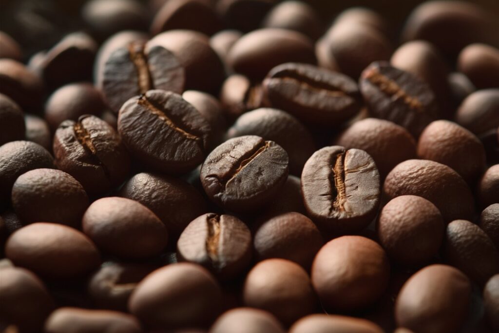 Nahaufnahme von dunkel gerösteten Kaffeebohnen, die ihren intensiven Glanz und Farbe zeigen.