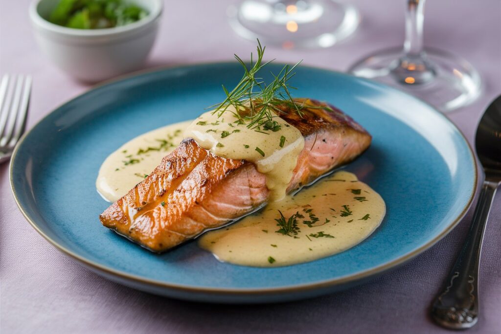 Lachsfilet mit cremiger Vanillesauce und Kräutergarnitur.