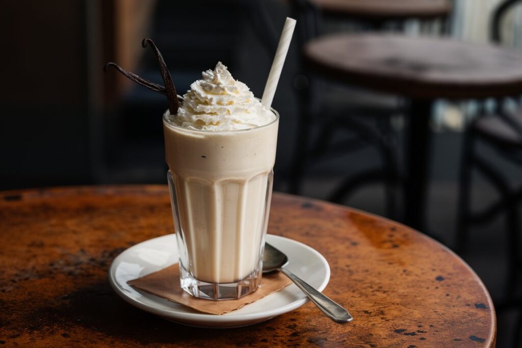Ein cremiger Vanille-Milchshake in einem hohen Glas, garniert mit Schlagsahne und Vanilleschoten, serviert auf einem rustikalen Café-Tisch.