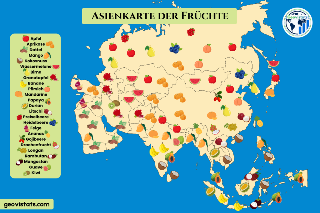 Asienkarte mit typischen Früchten nach Regionen, von Beeren im Norden bis zu Tropenfrüchten im Süden.