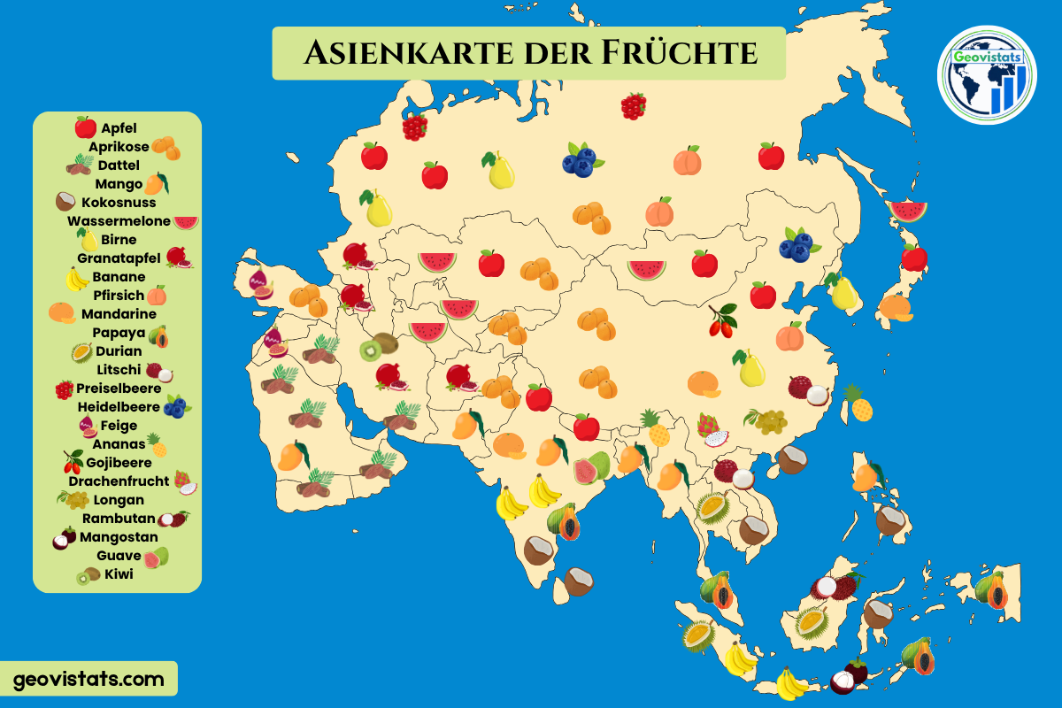 Asienkarte mit typischen Früchten nach Regionen, von Beeren im Norden bis zu Tropenfrüchten im Süden.
