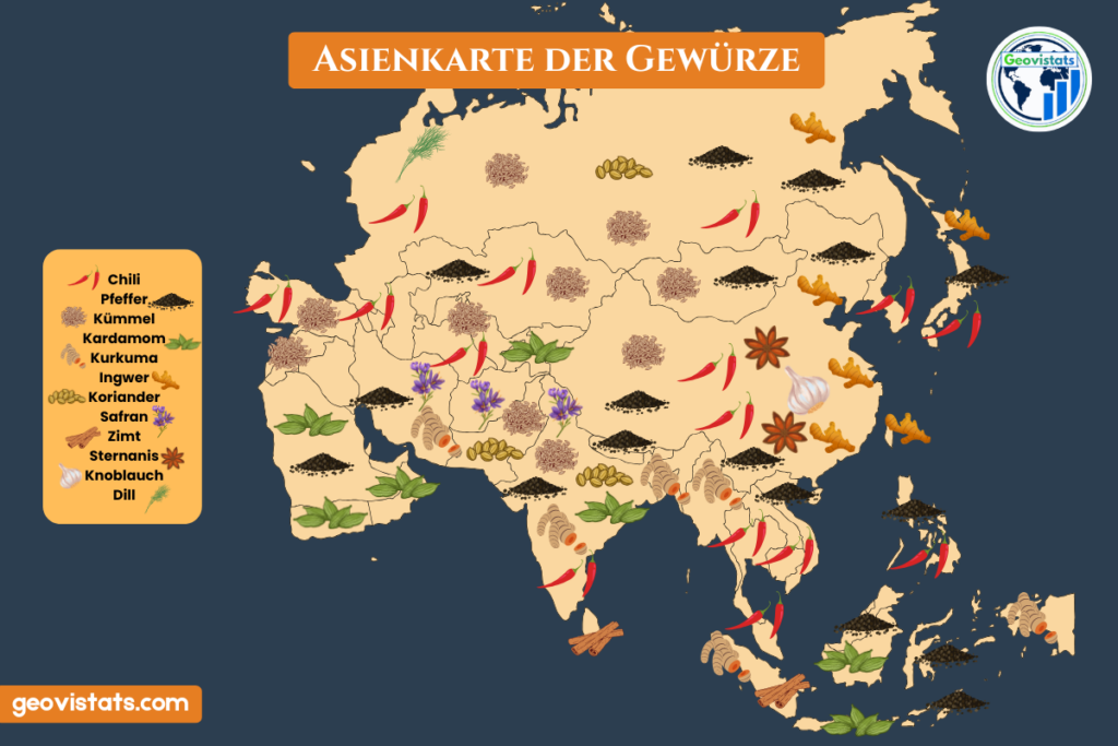 Karte Asiens mit den wichtigsten regionalen Gewürzen wie Chili, Kurkuma, Ingwer, Pfeffer und Kardamom. Übersicht über Gewürze in Südasien, Ostasien und Westasien.