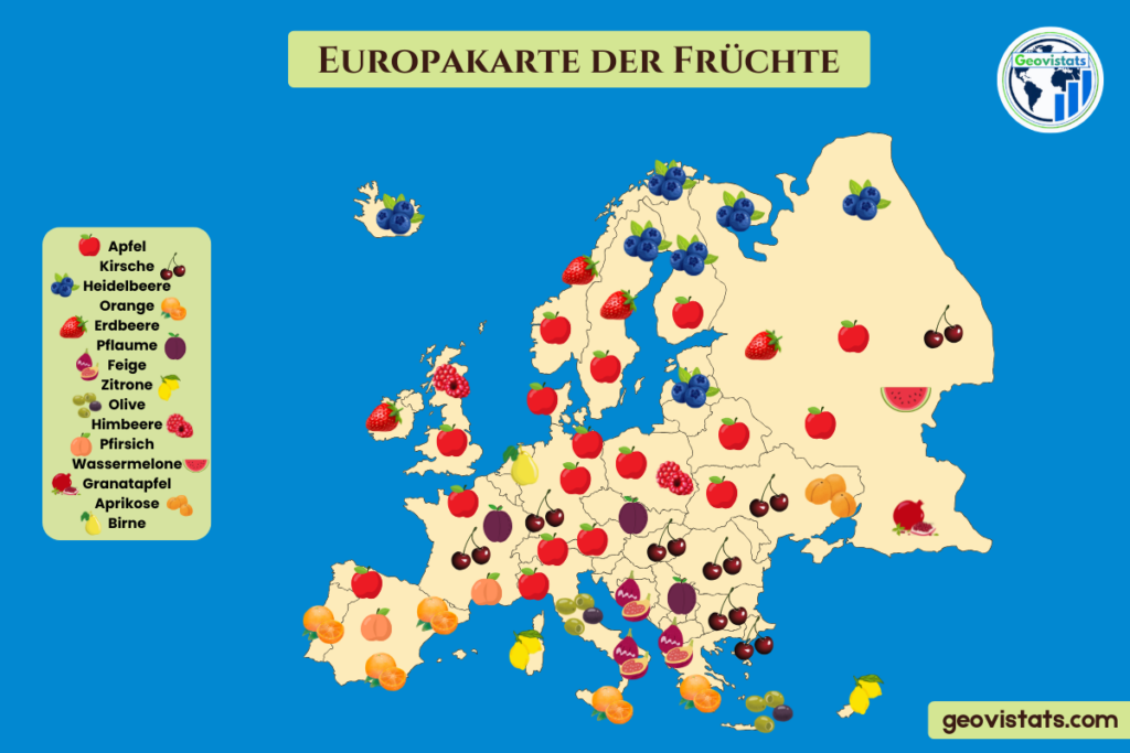 Karte der typischen Früchte in Europa nach Regionen mit Äpfeln, Orangen, Kirschen und Beeren