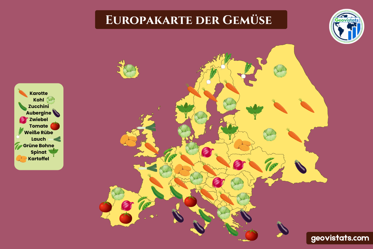 Europakarte mit typischen Gemüsesorten nach Regionen, dargestellt mit Symbolen von Zwiebel über Zucchini bis Kartoffel.