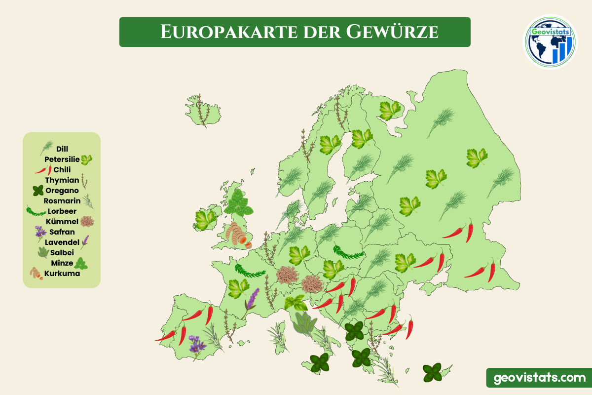 Europakarte mit typischen Gewürzen nach Regionen
