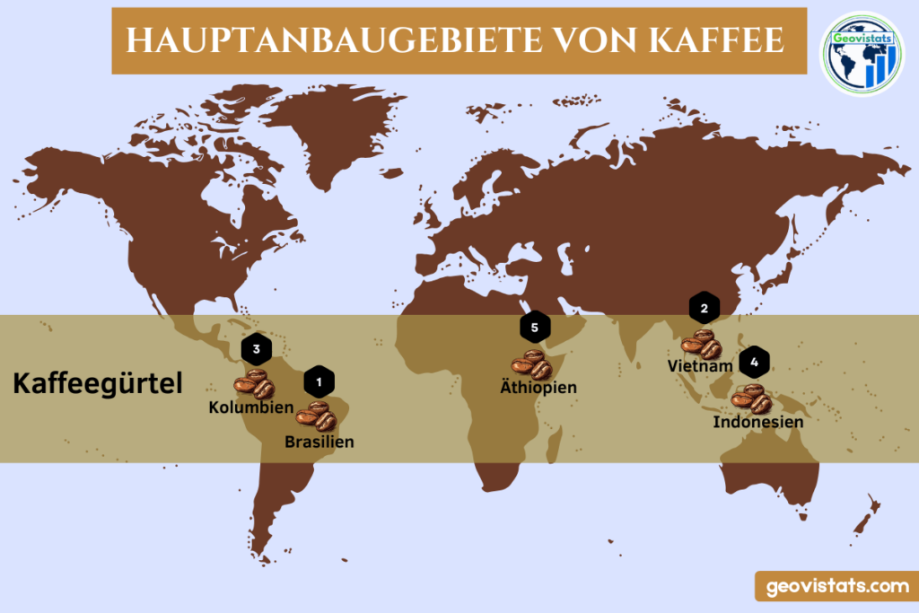 Weltkarte zeigt die wichtigsten Anbaugebiete für Kaffee weltweit.
