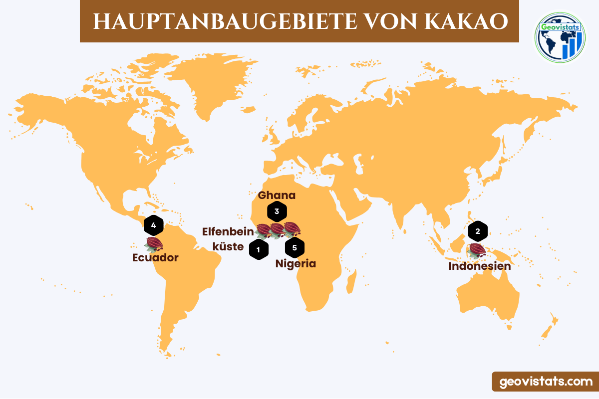 Weltkarte mit den fünf größten Kakao-Anbaugebieten, einschließlich der Elfenbeinküste, Indonesien und Ghana.