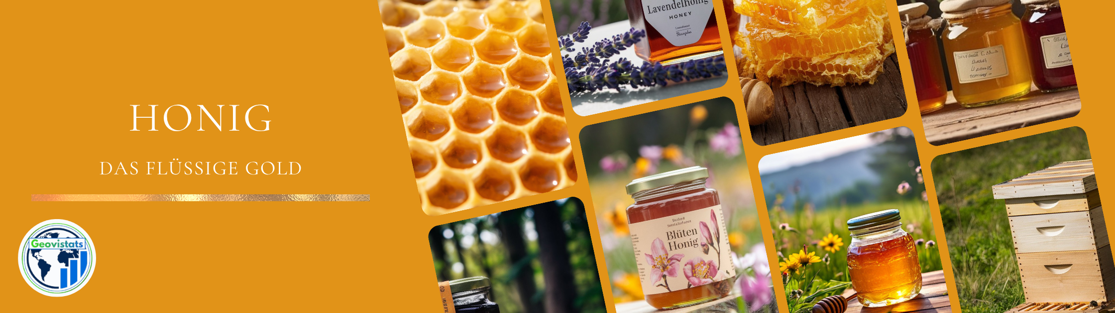 Bilder von Honiggläsern, Bienenwaben und Bienenhäusern.