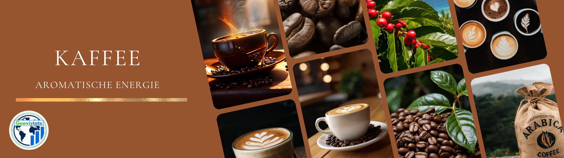 Bilder von Kaffeetassen, verstreuten Kaffeebohnen und Kaffeepflanzen.