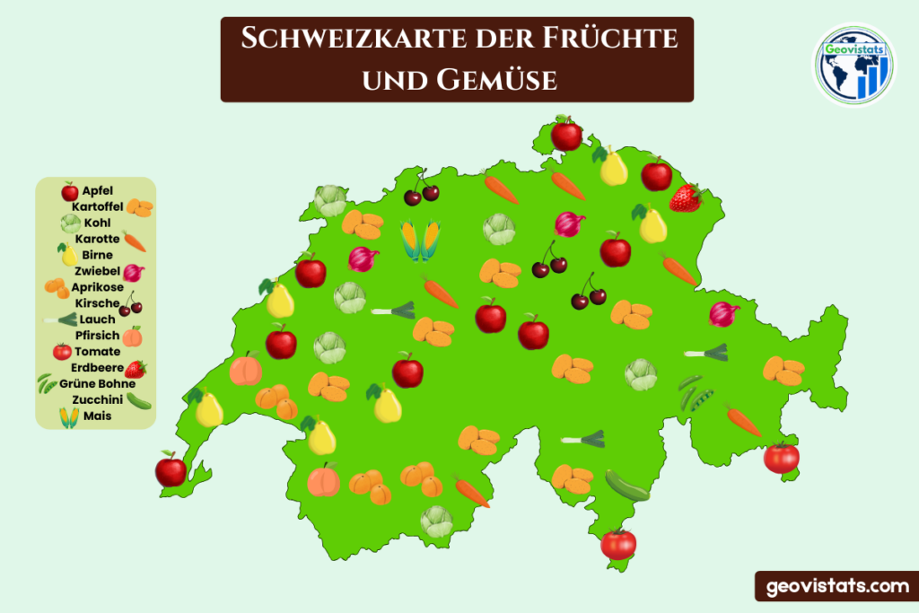 Schweizkarte mit typischen Früchten und Gemüse je Region